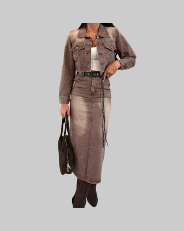 Earthtone Fall Casual Loose Lady Denim Jacket Hip Skirt Two Piece Set